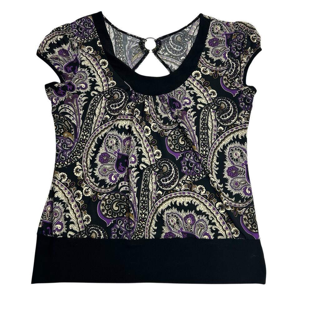 VTG JTB Sz XL Purple Black Paisley Blouse Keyhole Ring Banded Hem Scoop Neck